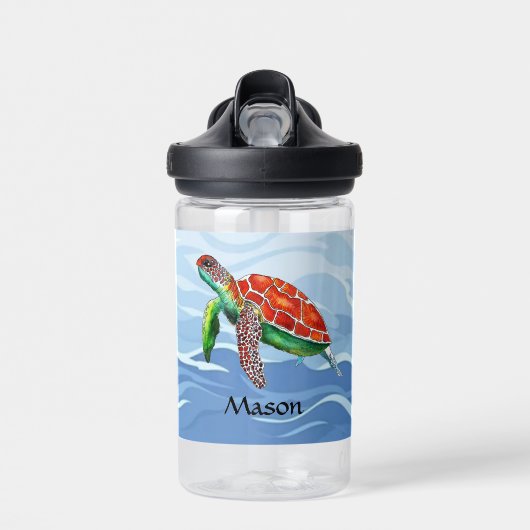 Jungen Niedlich Schildkröte Personalisierter Blaue Trinkflasche (Vorne)