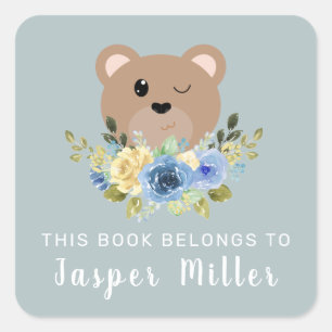 Jungen Niedlich Teddy Bear Dusty Blue & Name Kinde Quadratischer Aufkleber