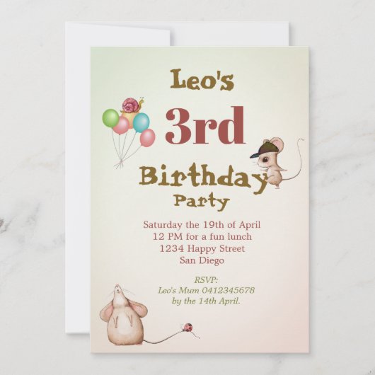 Jungen Niedliche Age Mouse Ladybug Balloons Geburt Einladung (Vorderseite)