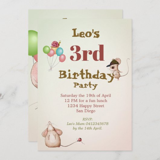 Jungen Niedliche Age Mouse Ladybug Balloons Geburt Einladung (Vorne/Hinten)