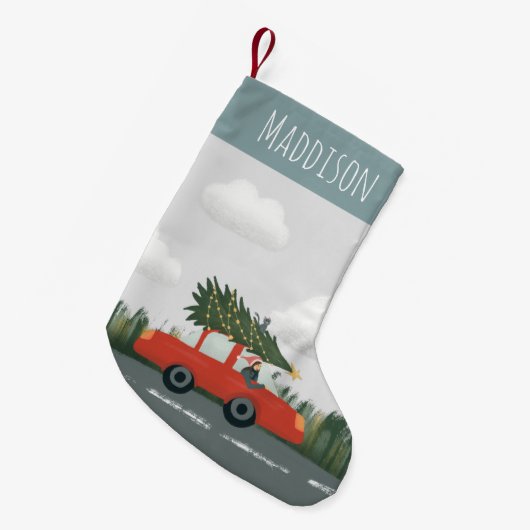 Jungen Niedliche Weihnachtsbaumwagen und Katzen Ki Kleiner Weihnachtsstrumpf (Vorderansicht (hängend))