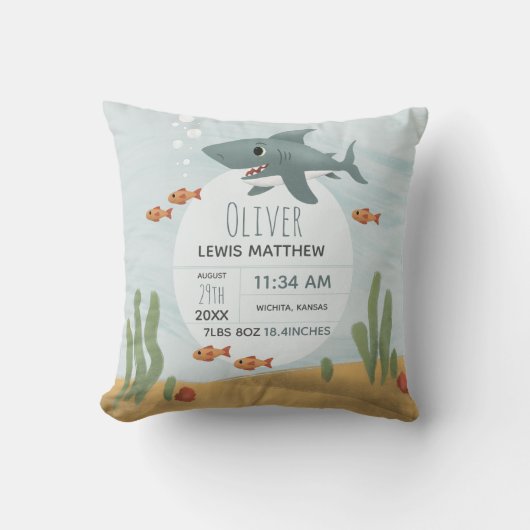 Jungen Niedlicher Blauer Hai Keepake Geburtsstunde Kissen (Vorderseite)