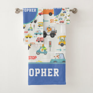 Jungen Niedliches Transportwagenmuster Name Kinder Badhandtuch Set