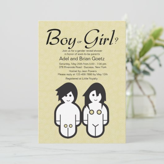 Jungen-oder Mädchen-Geschlecht decken Party Einladung (Stehend Vorderseite)