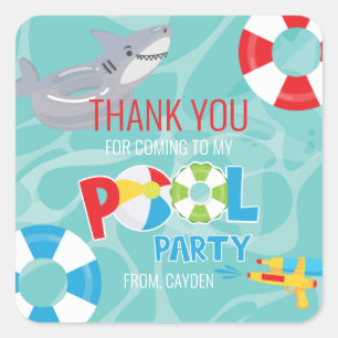 Jungen-Poolparty-Geburtstags-Hai-Danke-Schönigkeit Quadratischer Aufkleber