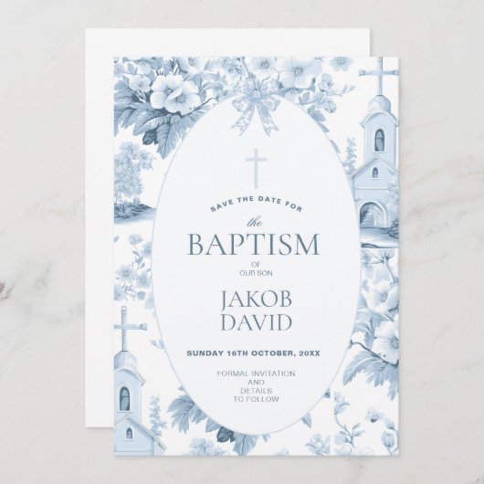 Jungen Save the Date, Blauer Toile Blumentaufen Einladung (Vorne/Hinten)