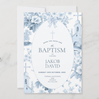 Jungen Save the Date, Blauer Toile Blumentaufen Einladung