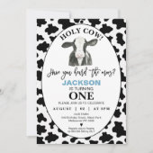 Jungen Schwarz-weiße Kuh Print Holy Kuh 1. Geburts Einladung (Vorderseite)