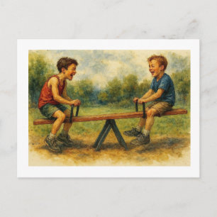 Jungen spielen auf einer Wippe, Postkarte