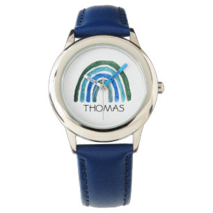 Jungen Süß Boho Aquarell Regenbogen und Name Blau Armbanduhr