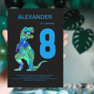 Jungen T-Rex Dinosaurier 8. Geburtstagsfeier Blau Einladung