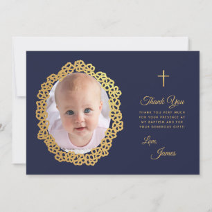 Jungen Tauf-Foto Navy Blau Gold Blumenkranz Dankeskarte