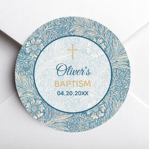 Jungen Taufe Blau Blumen Taglilie William Morris Runder Aufkleber