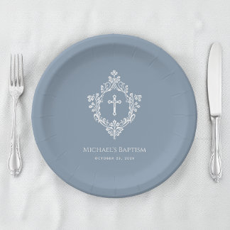 Jungen-Taufe Dusty Blue Weiße Kreuz-Wappen Religiö Pappteller