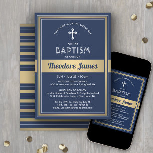 Jungen-Taufe Elegantes Navyblau und Gold Einladung