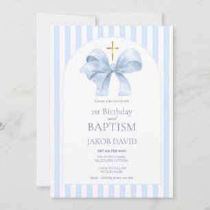 Jungen-Taufe und 1. Geburtstag Blau gestreift Einladung