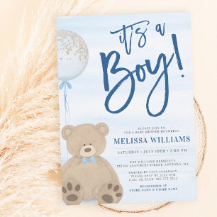 Jungen Teddy Bär Blaues Luftballon Babyparty Einladung