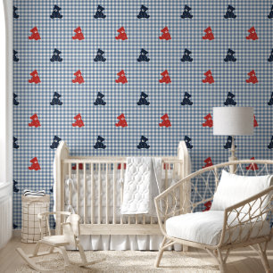 Jungen Teddybär Gingham - Navy, Rot & Smoke Blau Tapete