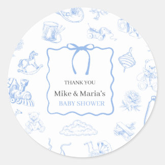 Jungen-Toile-de-Jouy-Blau-Baby-Party Runder Aufkleber