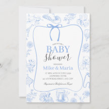 Jungen-Toile-De-Jouy-Blau-Baby-Shower-Einladung