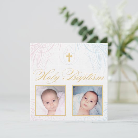 Jungen-und Mädchen-Zwillings-Foto-Taufe-Einladung Einladung (Stehend Vorderseite)