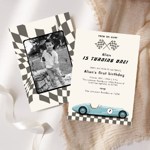 Jungen Vintage Blaues Rennwagen 1. Geburtstagsfeie Einladung
