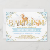 Jungen-Waldtier-blaues Goldblumentaufe Einladung (Vorderseite)