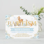 Jungen-Waldtier-blaues Goldblumentaufe Einladung (Stehend Vorderseite)