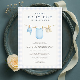 Jungen Wäscheleine Blaue Babyparty Einladung
