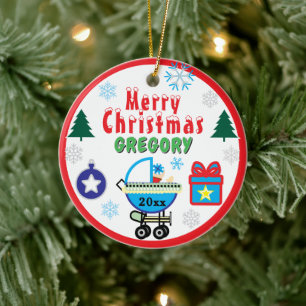 Jungen-Weihnachtsbäume NAME Blauer Kinderwagen Keramik Ornament