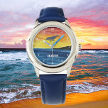Jungen Whale Ocean Fish Niedlich moderne blaue Kin Armbanduhr<br><div class="desc">Blau,  Wal,  Meereswellen,  Fische personalisierte Kinder sehen zu. Wasserfarbe. Ideal für Jungen.</div>