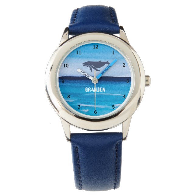 Jungen Whale Ocean Fish Niedlich moderne blaue Kin Armbanduhr (Vorderseite)