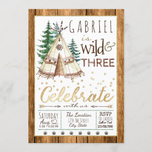 Jungen Wild und Three Tribal TeePee Dritter Geburt Einladung