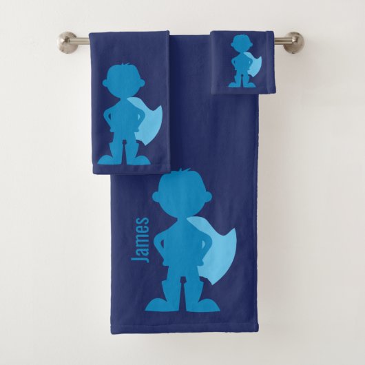 Jungenblaue Superhero-Silhouette-personalisierte Badhandtuch Set (Insitu)