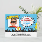Jungensuperhero-Foto-5. Geburtstags-Einladung Einladung (Stehend Vorderseite)