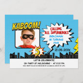 Jungensuperhero-Foto-5. Geburtstags-Einladung Einladung (Vorne/Hinten)