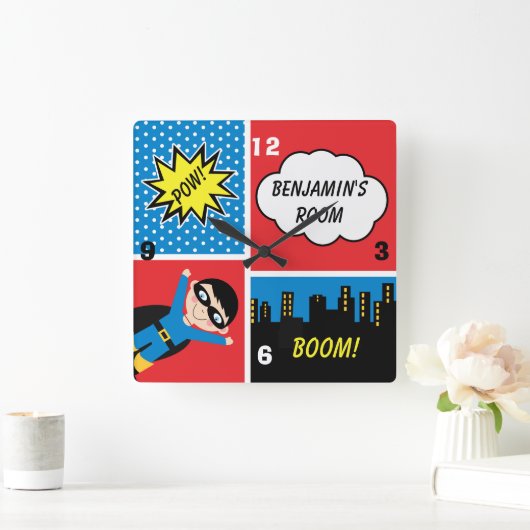 Jungensuperhero-personalisierte Wand-Uhr Quadratische Wanduhr (Zuhause)