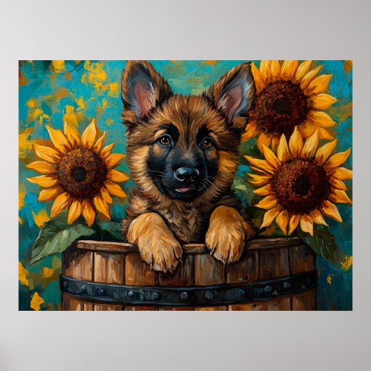 Junger Deutscher Schäferhund in einem Fass Poster (Vorne)