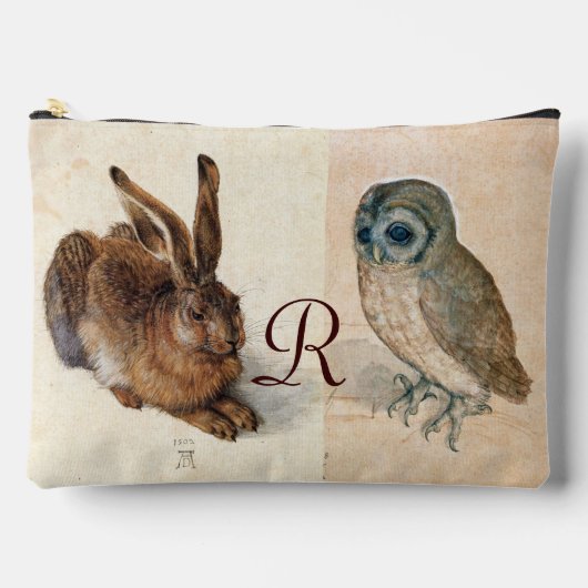 Junger Hase (Kaninchen) und Eule-Monogramm Zubehörtasche (Vorderseite)