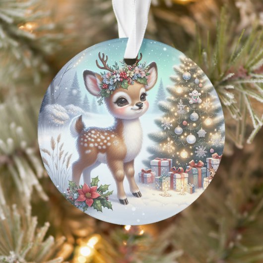 Junger Hirsch mit Blumenkrone und Baum Ornament (Baum)
