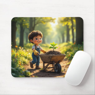 Junger Junge, der eine Schubkarre schiebt Mousepad