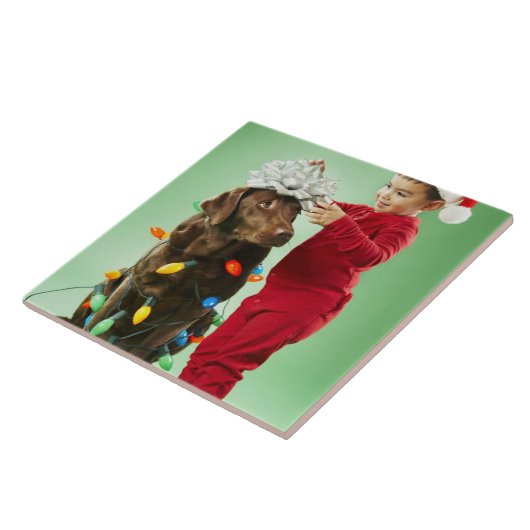 Junger Junge, der Weihnachtslichter um einen Hund Fliese (Seite)