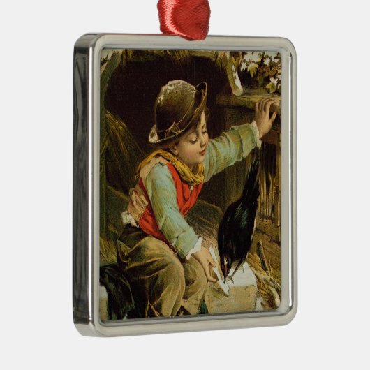 Junger Junge mit Vögeln im Schnee Ornament Aus Metall (Rechts)