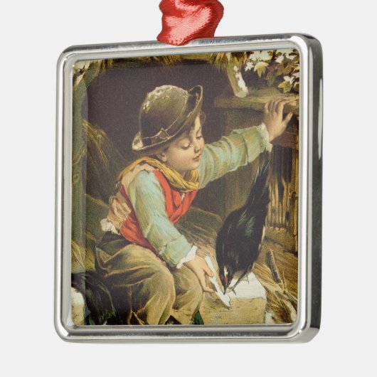 Junger Junge mit Vögeln im Schnee Ornament Aus Metall (Links)