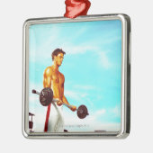 Junger Mann, der mit Barbells trainiert Silbernes Ornament (Links)