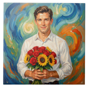 Junger Mann mit Blumenstrauß im Retro-Stil Gemälde Fliese