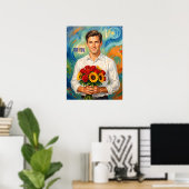 Junger Mann mit Blumenstrauß im Retro-Stil persona Poster (Heimbüro)