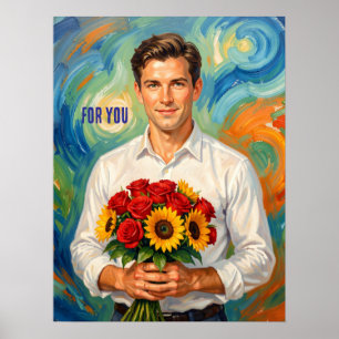 Junger Mann mit Blumenstrauß im Retro-Stil persona Poster