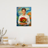 Junger Mann mit Blumenstrauß im Retro-Stil persona Poster (Küche)