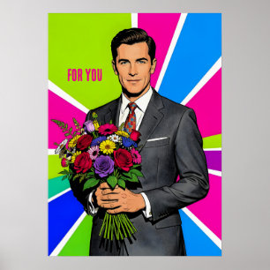 Junger Mann mit Blumenstrauß Retro-Stil personalis Poster